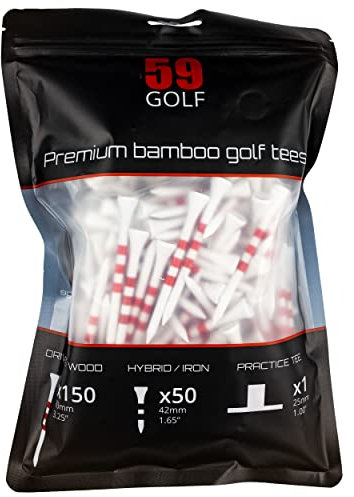 59Golf - 201x Premium Bambus Golf Tee Set: 150x Tees für Driver/Holz + 50x Tees für Hybrid/Eisen + 1x Übungsgummi Tee