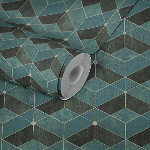 Livingwalls 3D Tapete Dunkelgrün 382023 Moderne Design Vliestapete für Wohnzimmer Grün Gold 10,05x0,53m Made in Germany