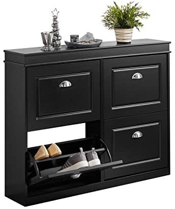 SoBuy Schuhschrank mit 4 Klappen - Schmaler Schuhkipper mit 8 Ablagen, Verstellbares Schuhregal für Diele, Flur & Eingangsbereich - Flurschrank mit Kippsicherung 105x82x24cm Schwarz FSR79-SCH