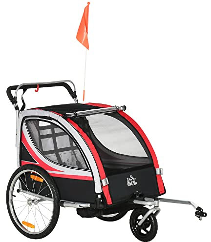HOMCOM Rimorchio Bici per Bambini e Passeggino, Design 2 in 1 con Freno, Cintura a 5 Punti, Carrello Rimorchio per Bicicletta con Tasche Laterali, Catarifrangenti e Bandierina, Rosso