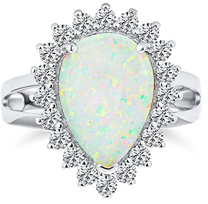 Personalisierte Big Halo Birne Form Träne Aussage 10Ct Erstellt Weißen Opal Verlobungsring Kathedrale Einstellung Edelstein Ring Für Frauen .925 Sterling Silber Oktober Geburtsstein Anpassbar