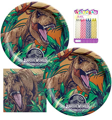 Jurassic World Birthday Plates & Napkins Party Supplies - 9 Happy Birthday Party Plates for Lunch Serves 16 - Birthday Paper Plates & Napkin Set Plus 24 Birthday Candles
