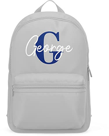 Personalised Navy Name and Initial Mini Backpack, Boys Custom Back to School Bag, Gifts for Son on First Day of Nursery or Primary School, Grey