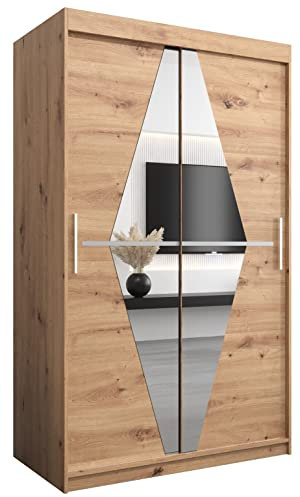 ABIKSMEBLE Boliwia 120 Armario 2 Puertas Correderas para Dormitorio - Armario Moderno con Espejo, Barra y Estantes - 120x200x62 cm (Ancho x Alto x Fondo) - Artisan