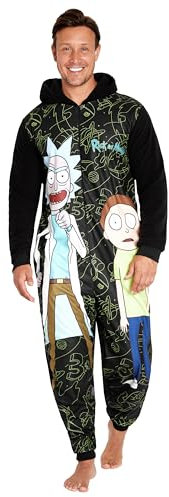 RICK AND MORTY Onesie Fleece Herren - Kapuzen-Flausch-Fleece-Einteiler für Männer - Größen M-3XL Herren Loungewear (Schwraz/Mehrfarbig, XL)