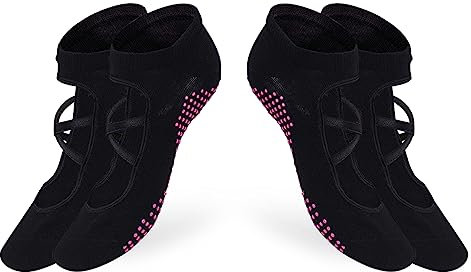 PRS Calzini Yoga Antiscivolo Donna Performanti Traspiranti Anti Vesciche, calze con Grip ideali per Pilates, Sbarra, Danza Classica, Fitness, 2 Paia, Nero (35-40)