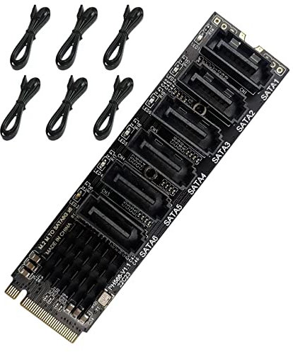 Scheda QNINE M.2 NVME SATA 3.0, 6 porte con 6 cavi SATA, scheda Express M.2 controller SATA da 6 Gbps con staffa a basso profilo, avvio come disco di sistema, supporto 6 dispositivi SATA 3.0