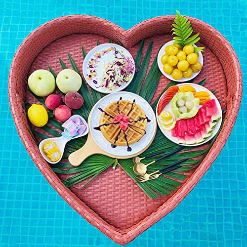 AALGO Bandeja Piscina Flotante,Bandeja Ratan en Forma De Corazon para Piscinas Bandeja De Servicio Flotante Lujo Accesorios de Fiesta de Flotador de Piscina de Verano,Red-85 * 82 * 15cm
