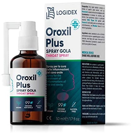 Oroxil Plus Spray Gola – Antibatterico Naturale con Resveratrolo e Olio di Timo Selvatico – Spray Gola Antinfiammatorio Forte senza Alcool per Mal di Gola e Alito Fresco – 50 ml - Logidex