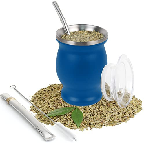 ROCKY&CHAO Yerba Mate Gourd Taza de té Bombillas de 8 oz hecha de acero inoxidable 18/8, taza de té mate de doble pared resistente al calor con tapa libre de BPA(Azul)
