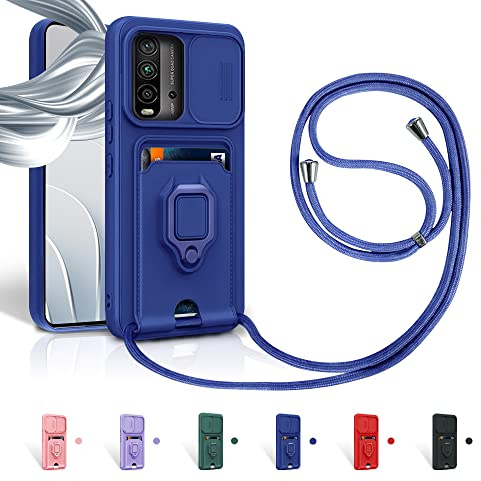 Aithne Cordon de Coque pour Xiaomi Redmi Note 9 4G/Redmi 9T/Redmi 9 Power/Poco M3,Couvercle Coulissant de la Caméra+Support Annulaire à 360 Degrés,Fentes pour Cartes Lanyard Silicone Case -Bleu