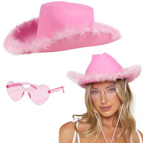 COLOFALLA Pink Cowboy Hut Karneval Hut Pink Herzbrille Cowgirl Hut Westen Cowboy Kostümzubehör Party Hut Brille Geschenk für Weihnachten Karneval Fasching JGA Urlaub Frau