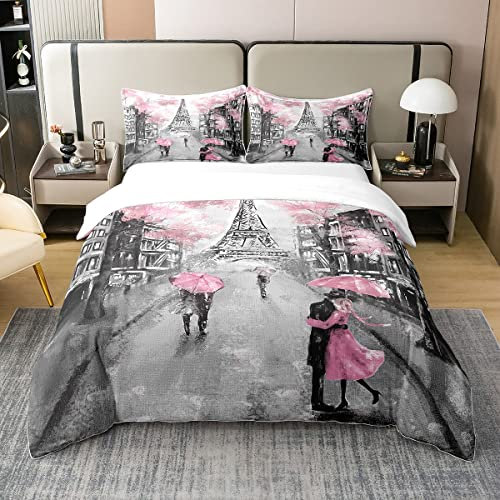 Bettbezug Paris, Bettwäsche, 220 x 240 cm, aus 100 % Baumwolle, Bettwäsche-Set, Eiffelturm, rosa und grau, für Mädchen, Bettbezug, Kirschblüte, Aquarell, romantisch, Retro