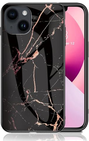 IMEIKONST Kompatibel mit iPhone 15 Glitzer Hülle Gehärtetes Glas Rückseite + Stoßfest Weicher Bumper Handyhülle Marmor Kratzfeste Schutzhülle für iPhone 15. Schwarz Gold LSM
