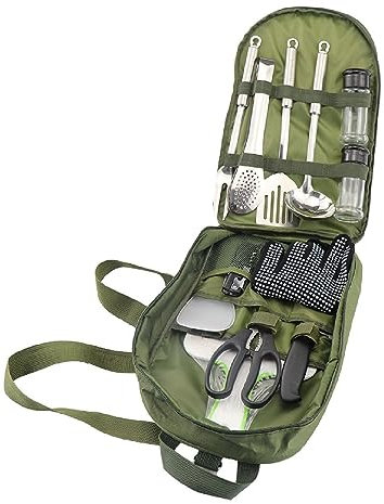 BORDSTRACT Camping Cookware Storage Bag, Camp Kitchen Organiser, Camping Cooking Utensils Set Bag, with Shoulder Strap, for Knife, Fork, Spoon, Kitchenware Storage(green)