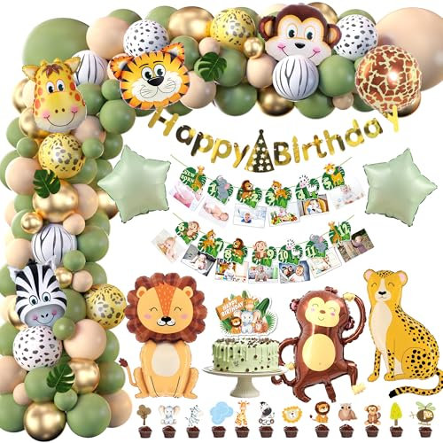Xietaea Dschungel Geburtstag Deko - 113 Stück Waldtiere Kindergeburtstag Dekoration, Grün Luftballon Girlande Safari Folienballons Tortendeko Birthday Foto Banner, Geburtstagsdeko für Jungen Mädchen