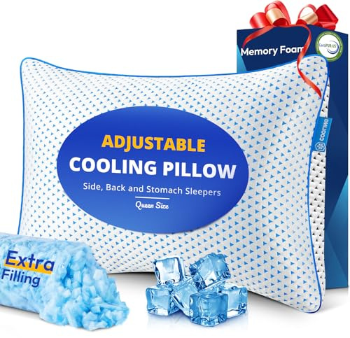 Almohada de espuma viscoelástica de gel refrescante tamaño Queen para dormir, 1 paquete, almohadas gruesas ajustables de espuma triturada firme para dormir de lado, de espalda, boca abajo, suave pero