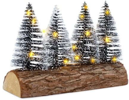 LED Tannenbäume mit Baumstammfuß warm weiß - 20 x 15 cm - Verschneite Bäume mit Beleuchtung Batterie betrieben - Weihnachten Advent Winter Deko Aufsteller Tischdekoration Fensterdekoration beleuchtet
