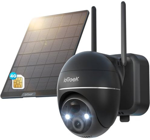 ieGeek 4G LTE Camera Exterieur sans Fil Solaire avec Carte SIM et Carte Mémoire 64GB - 2K Camera Surveillance PTZ 355°/120° Vision Nocturne Couleur, PIR Détection Alarme