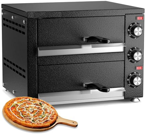 Electric Pizza Oven, Commercial Countertop Pizza Cooker with 4 Large Heat Tube, Timer, Double Decker Pizza Maker with Wide Handle, 122-572℉ Adjustable Temperature, for Restaurant Home Baked Use