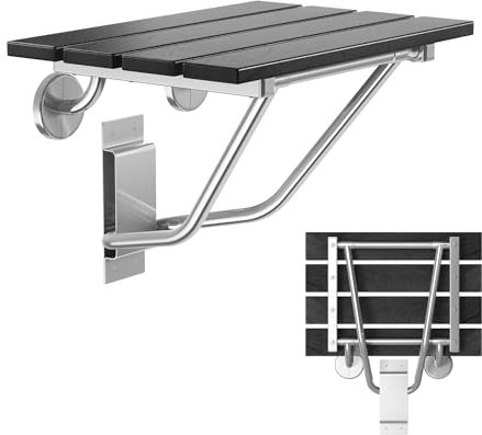 Folding Shower Seat Chair Bench Wall Mounted, Teak Shower Seat Bench Stool Chair for Inside Shower, Fold Down Shower Seat, Foldable Shower Chair (Black, Extra Large)