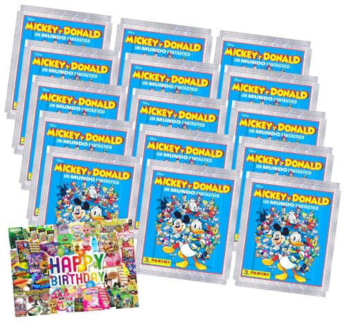 Bundle mit Panini Mickey & Donald Sticker - Fantastische Welt Sammelsticker (2025) - 15 Tüten + Exklusive Geburtstagskarte