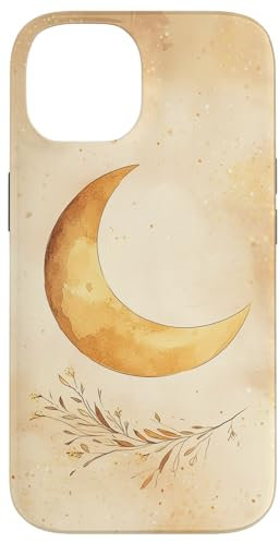 Serene Crescent Moon with Autumn Leaves Illustration Case for iPhone 14