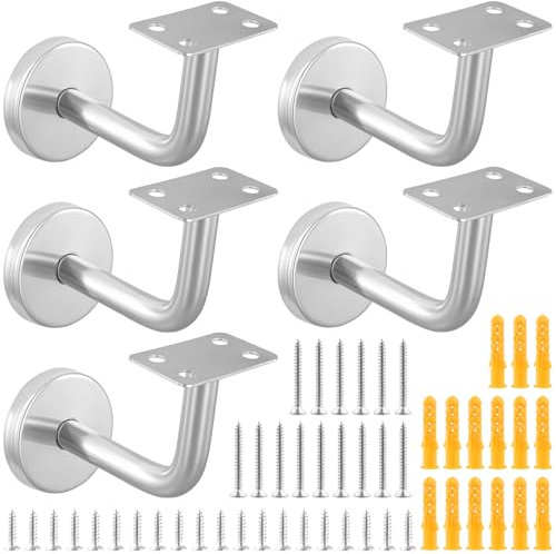 PUCSIQ 5 Stück Handlaufhalter Edelstahl, 60 x 80 mm Silber Handlauf Wandhalter mit Rundrohr ø 12 mm für M8 Stockschraube, Handlauf Halterung für Geländer, Treppengeländer