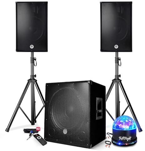 Pack sonorización DJ PRESTATIONS BM Bmsonic 2500W - Altavoces DJ de 15 + caja de 15 + pies - USB/BLUETOOTH, Pack Juegos de luces