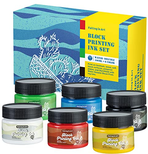 COOZEE Water-Soluble Block Printing Ink, 6-Color Printmaking Ink Set for Linoleum Block, 100ML