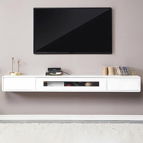 Ahtadums Massivholz TV Lowboard Hängend, TV Schrank hängend mit 2 Schubladen TV Board hängend, Mit Glastürfüllung, komplett montiert (Weiß, 180cm)