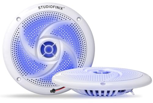 STUDIOFINIX 5.25 Waterproof Marine Speakers - 160W 2-Way Weather Resistant Outdoor Boat Audio with LED Lights, Low Profile Slim Style Suitable for Boat, RV, ATV, UTV, Golf Cart (2 Speakers, White)