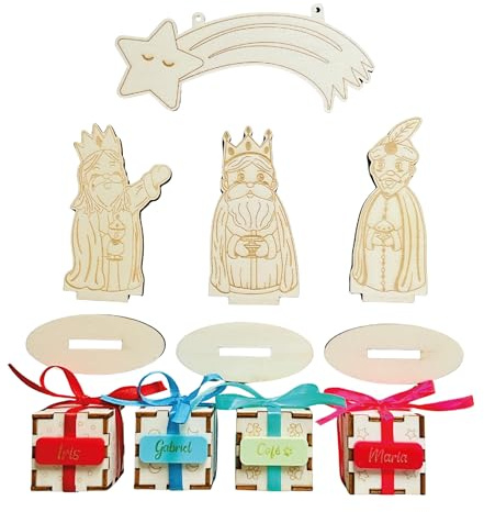 Ideas CAÓTICAS | Pack Reyes Magos y Regalos. Fabricados en Madera y Personalizados con Nombres. También se Incluye Estrella. Nombres Grabados en acrílico de Colores y añadidos en los Regalos.