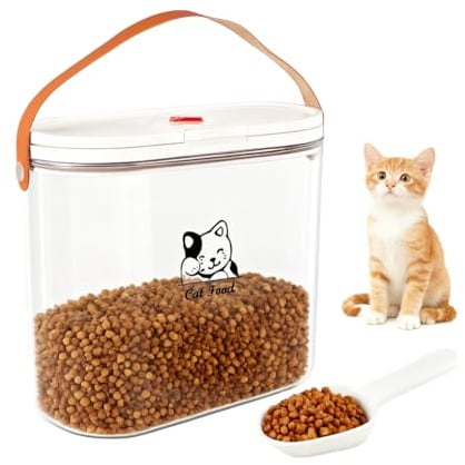 Katzenfutter Aufbewahrung 7lbs Futterbehälter Katze Transparent mit Griff | Katzenfutter Aufbewahrungsbox für Trockenfutter Katze und Hundefutter mit Löffel, Druckknopf zum Öffnen für Snacks im Alltag