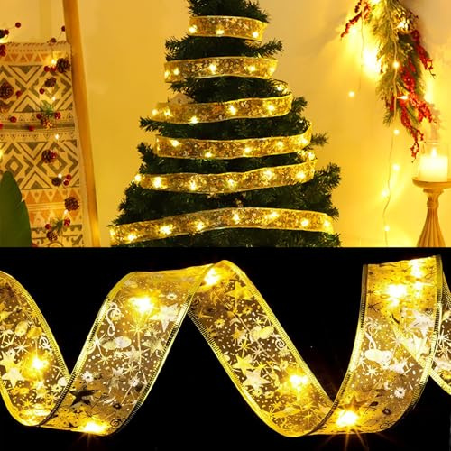 Kaleora Weihnachtsband Lichter, 5 cm Gold Schleifenband, 3M 30 LED Warmweiße Band Lichterkette Batteriebetrieben, Weihnachtslichter für Weihnachtsdeko Weihnachtsbaumschmuck Weihnachtsbaum Deko