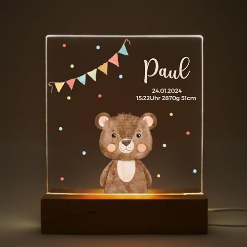 Mainely Nachtlicht Kinder personalisiert Lino Bär – LED Nachtlicht Baby & Stilllicht – Schlummerlicht für Kinderzimmer – Lampe mit Namen – Personalisiertes Geschenk zur Geburt für Jungen & Mädchen