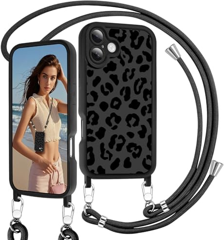 AICISINGN Handyhülle für iPhone 17 Hülle mit Band,Leopard Muster Schutzhülle mit Handyband Hülle Abnehmbar Kordel Handykette zum Umhängen Stoßfeste Kameraschutz Case für iPhone 17 Schwarz,05