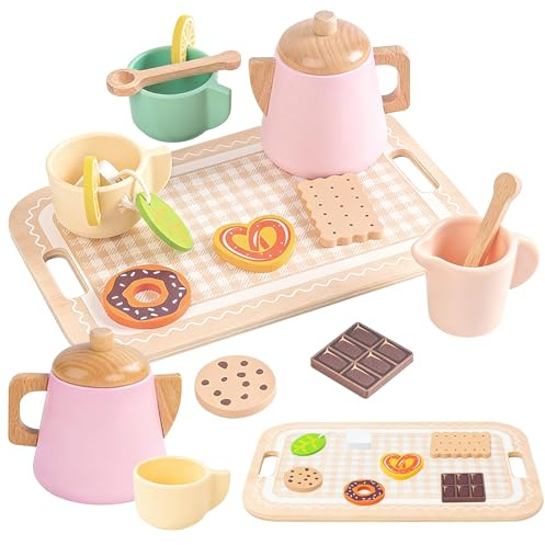Juego de Te Infantil de Madera, Juego de Te para Niñas Educativo, Utensilios de Cocina para Muñecas en Tamaño Niños Pequeños, Set de Té de 16 Piezas para Niñas y Niños