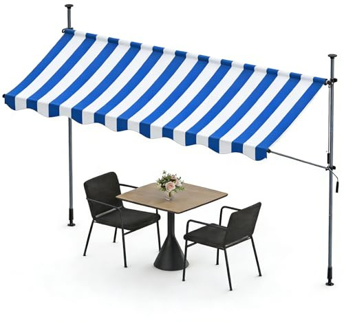 Ferzone Store Banne sans Percage 350x120cm, Auvent de Terrasse Rétractable avec Manivelle Hauteur Réglable 200-300CM, Stores Exterieur résistant en Aluminium aux UV pour Blacon Patio (Bleu-Blanc)