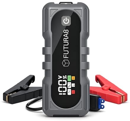 Avviatore di batteria per auto portatile 12 V FUTURA8 con power bank 24000 mAh, pinze antiscintille, USB-C 18 W, 2 USB, torcia LED di emergenza, Jump Starter, benzina e diesel, kit completo con