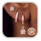 ORAZIO 3 Pairs Sterling Silver Earrings For Women 14K Gold | Stud Earrings Hoop Earring Stack Set For Multiple Hypoallergenic Flower Piercings Silver Gold Rose Piercing Jewellery