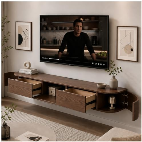 JUNFUNNLE Moderno mueble flotante para TV, 200 cm, nogal, 30 cm de ancho, para colgar con 2 cajones, 1 puerta con solapa, para salón y comedor, ya montado