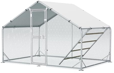 Großer Hühnerstall aus Metall 3x2x2m mit Dachabdeckung Hühnergehege für Garten Wetterfestes Freigehege für 6 bis 10 Hühner mit Zubehör und Sitzleiter