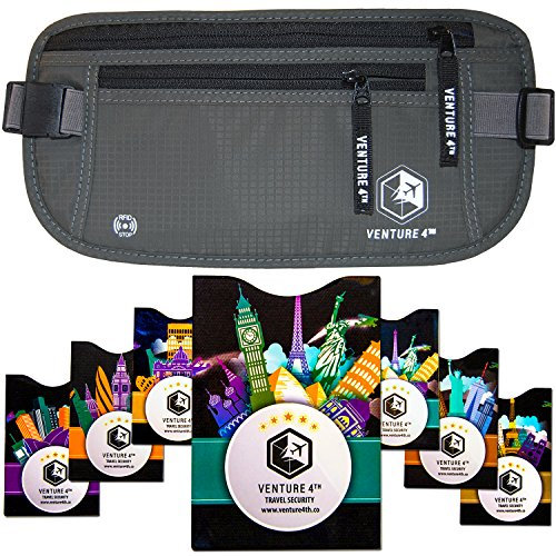 Venture 4th RFID Sicherheits Reise Taillen Geldgürtel – Flache Bauchtasche Gürteltasche (Grau + RFID Sleeves)
