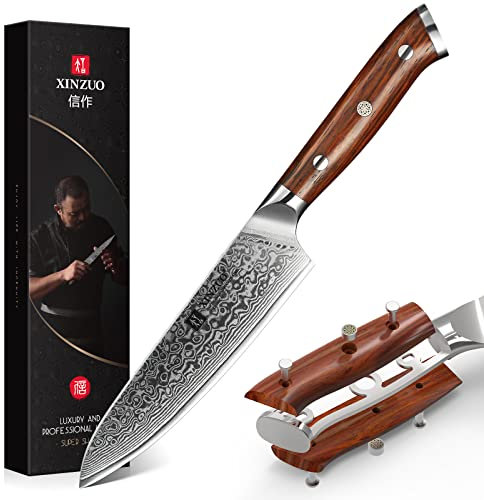 XIZNUO 13,3cm Allzweckmesser Damaststahl Universalmesser, Damaskus 10Cr15CoMoV Stahlkern Obstmesser Scharfe Schälmesser, Multifunktions Profi Küchen Chefmesser-mit Rosenholz Griff