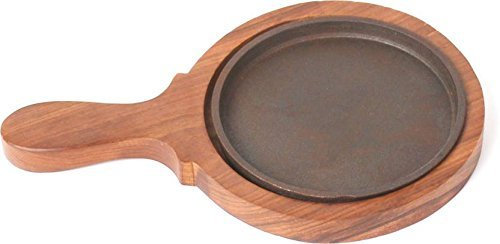 Shradha Trading Fajita Plate Set, Round Sizzling Brownie Sizzler Plate/Tray with Wooden Base Round Handle