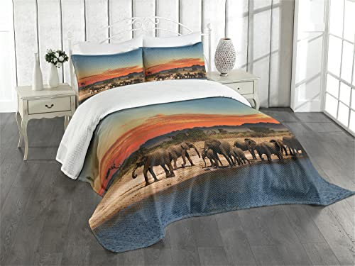 ABAKUHAUS Elefant Tagesdecke Set, Safari Wildlife, Set mit Kissenbezügen Waschbar, für Doppelbetten 264 x 220 cm, Orange Braun