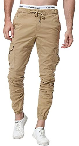 ZOEREA Jogger Cargo Herren Chino Jeans Hose Elastische Taille Gürtel mit Taschen, Braun(verbesserte Version), M