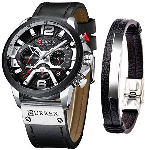 CURREN Uhren für Herren, Quarz, Leder, Chronograph, Armbanduhr und modisches Armband, blaue Uhren für Herren, luxuriöse Armbanduhr, Geschenke (Silber), Quarzuhr, Chronograph