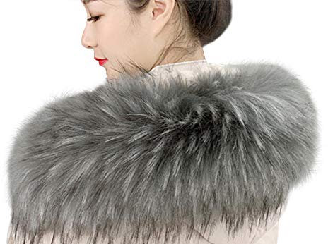 MoreChioce Luxus Pelzkragen,Kunstfell Wärm Pelzschal Fellimitat Fuchs Fellkragen Kapuzen Damen Schal für Wintermantel 60cm - 90cm,Grau #1